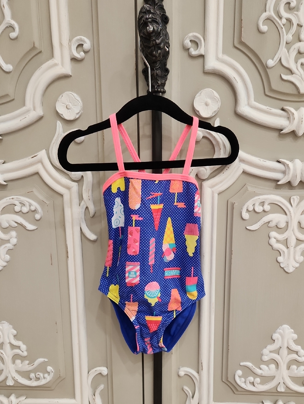 Speedo Girls' Blue Ice Cream Print One-Piece Swimsuit with Pink Trim Size 1